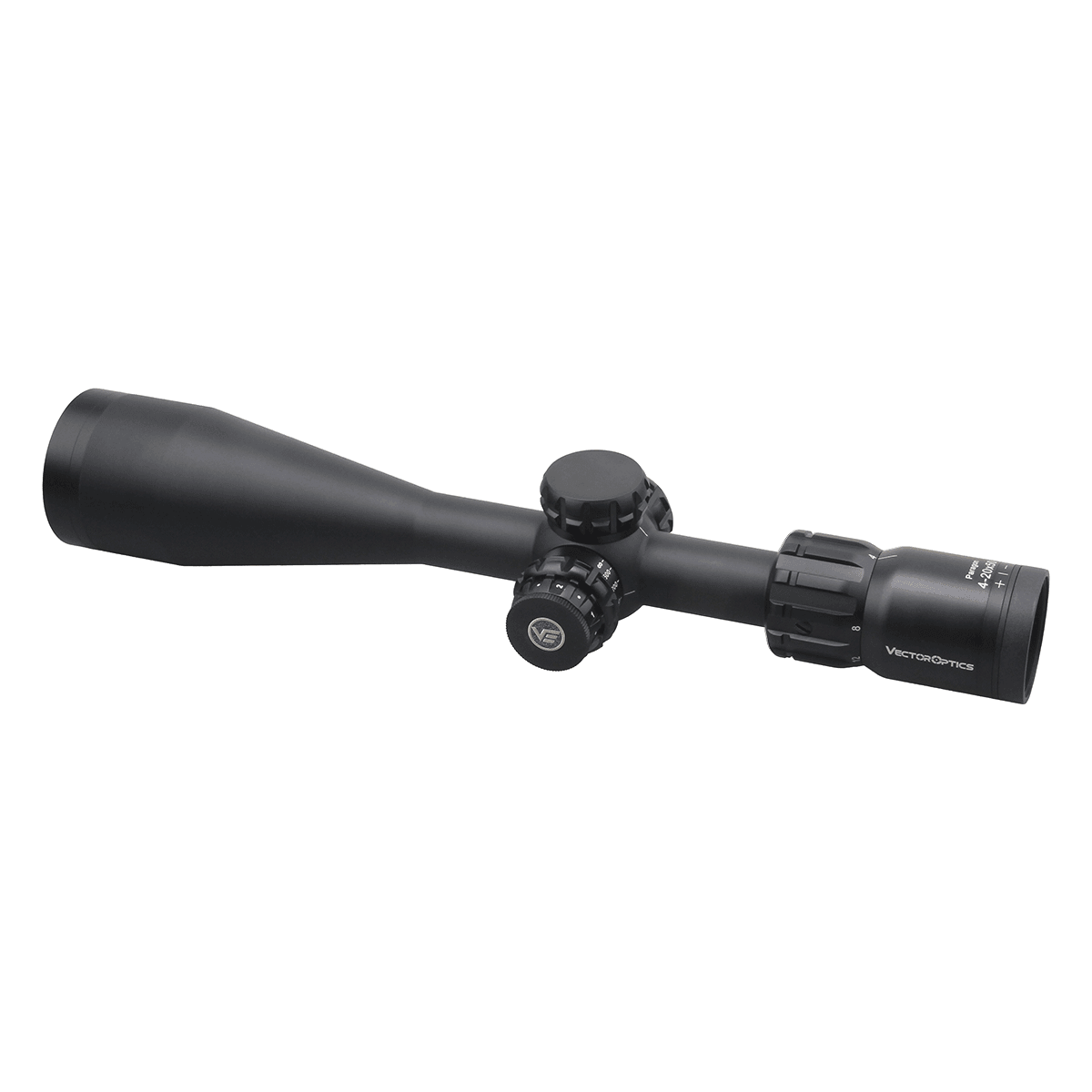 Schrägansicht des Vector Optics Paragon 4-20x50 SFP mit 92mm Augenabstand und langlebigem Design für Raubwildjagd und Sportschützen.