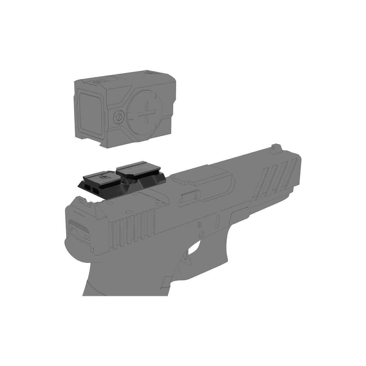 MOJ RMR auf VOD ACRO Adapter in Montageansicht auf einer Pistole, zeigt präzise Passform für Rotpunktvisier-Kompatibilität.