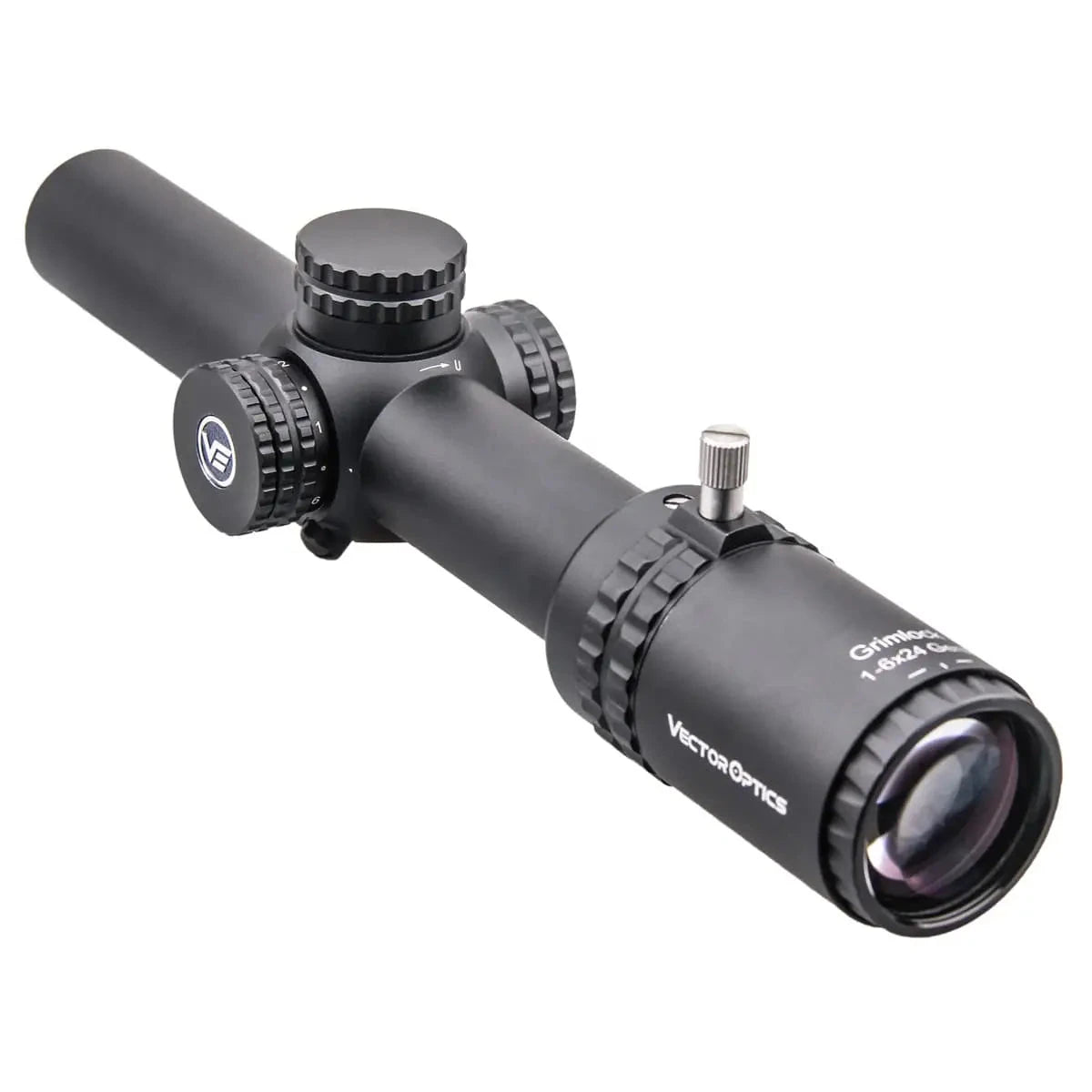 Seitliche Perspektive des Vector Optics Grimlock 1–6×24 LPVO Zielfernrohrs mit robustem Gehäuse und klarer Linsenoptik für taktische Einsätze.
