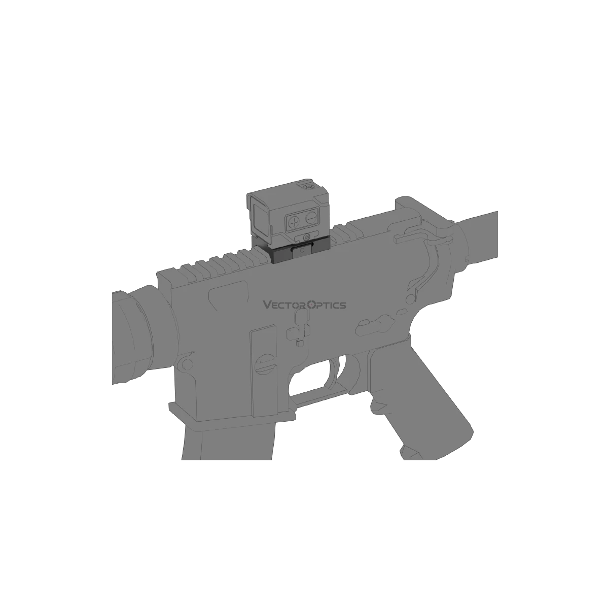 Enclosed Red Dot Sight auf stabiler Picatinny Montage mit 21 mm Schiene, installiert auf einem taktischen Gewehr.