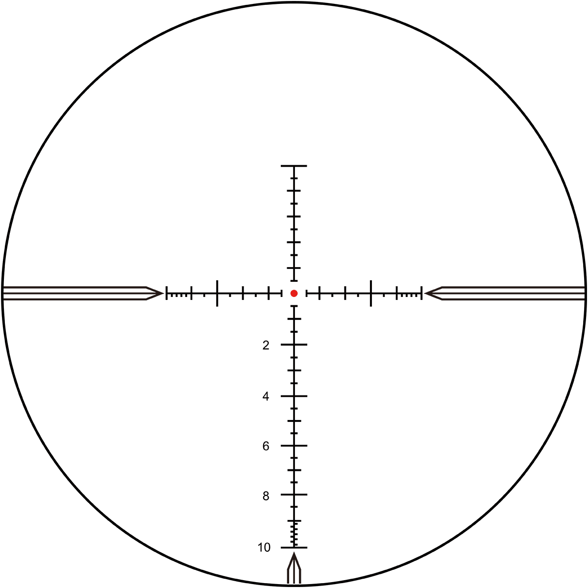 MPX1 Absehen des Vector Optics Tauron 4-24x50 FFP Zielfernrohrs mit feiner Skala und rotem Zielpunkt für präzises Zielen auf mittlere Distanzen.