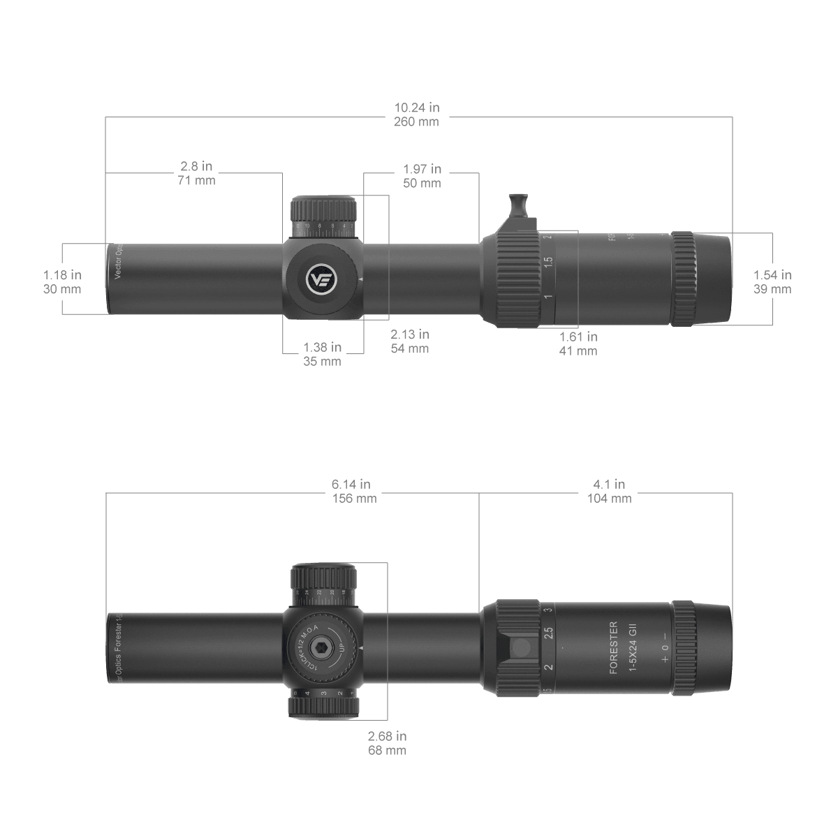 Technische Zeichnung des Forester 1–5×24 SFP Zielfernrohrs mit genauen Maßangaben für Montage und Kompatibilität.