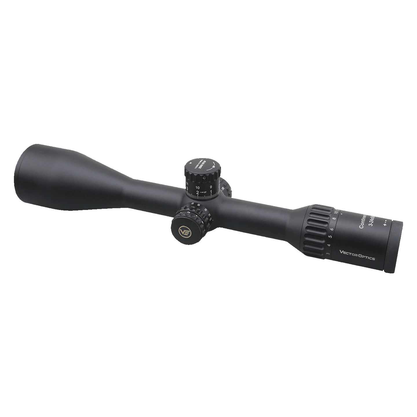 Seitliche Perspektive des Continental x8 3-24x56 SFP Zielfernrohrs mit IP67 Wasserschutz und fein einstellbarem Zoomring.
