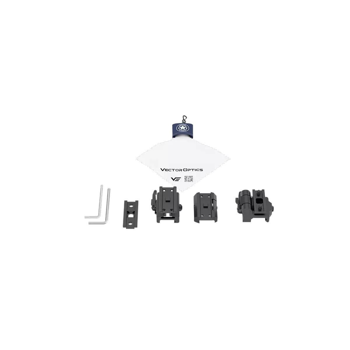 Lieferumfang des Maverick Flip-Magnifiers mit Montagezubehör, Werkzeugen und Anleitung von Vector Optics für einfache Installation.