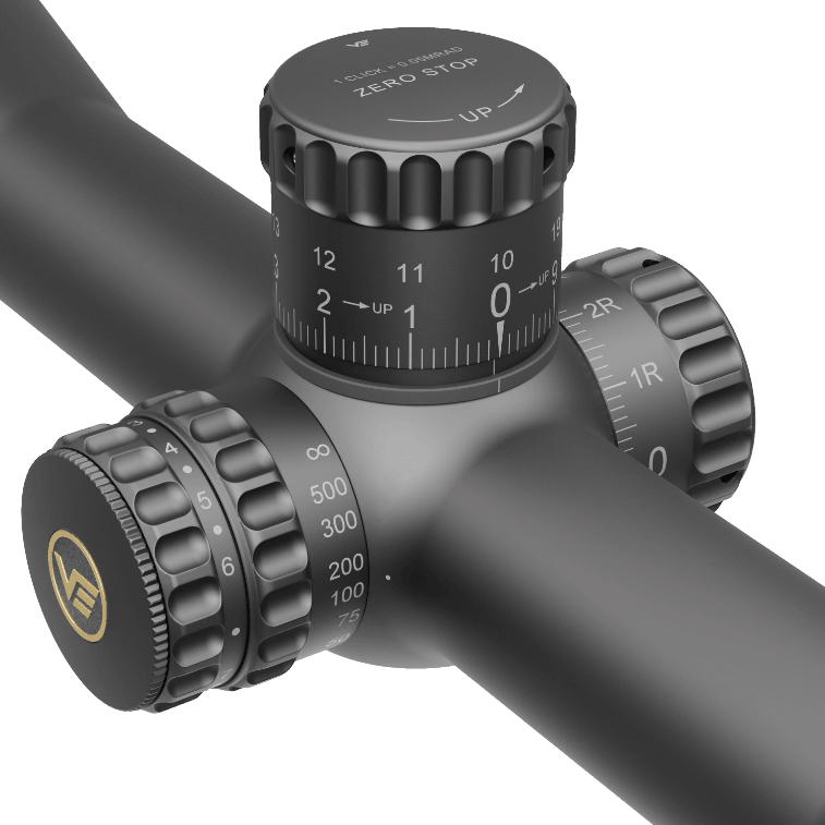 Detailansicht der taktischen Türme des Continental x8 6-48x56 ED MIL Zielfernrohrs mit Zero-Stop-Funktion für wiederholbare Einstellungen.