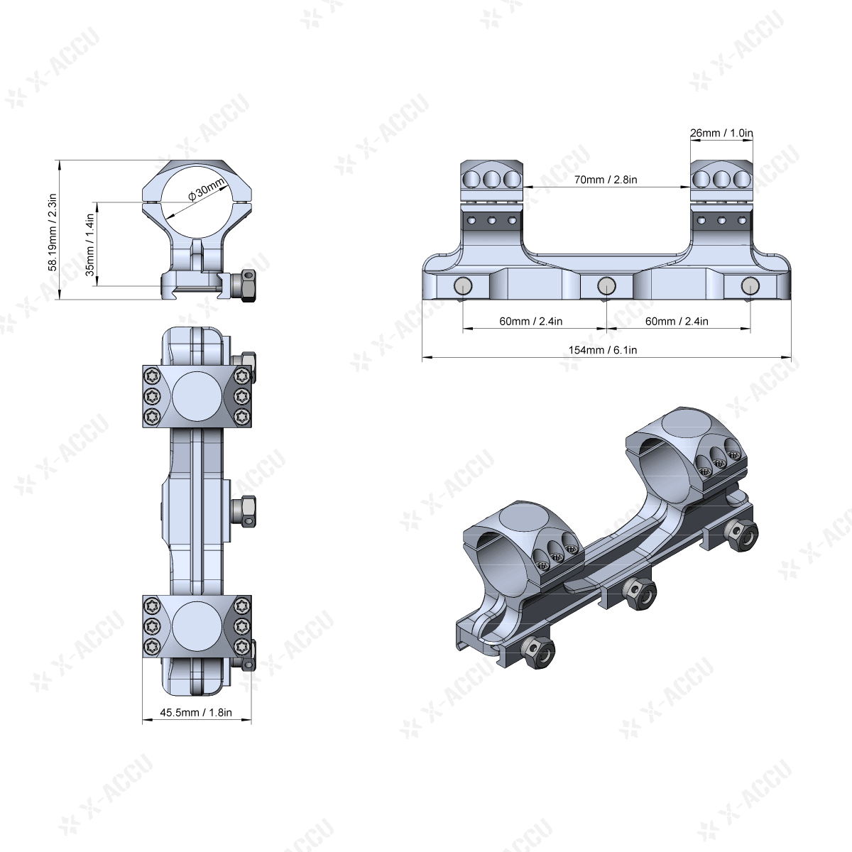 Technische Zeichnung der X-Accu Blockmontage XASR-3013 mit Maßangaben, zeigt 35mm Höhe und 34mm Rohrdurchmesser für präzise Optikanpassung.