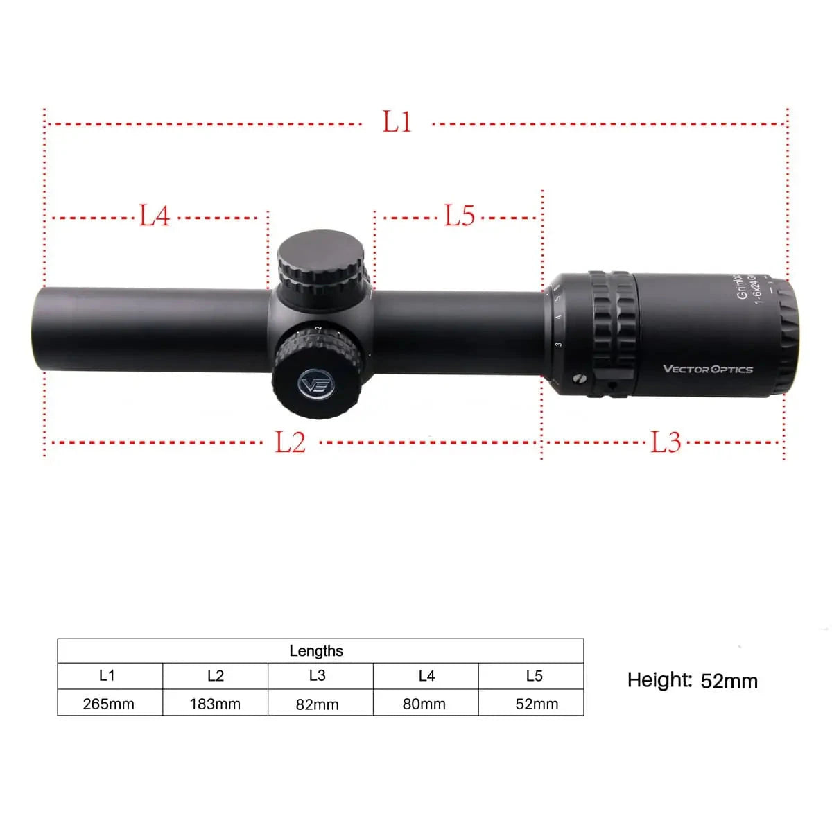 Technische Zeichnung des Grimlock 1–6×24 LPVO Zielfernrohrs mit Maßangaben zur Länge und Bauhöhe für optimale Montage auf Waffenplattformen.