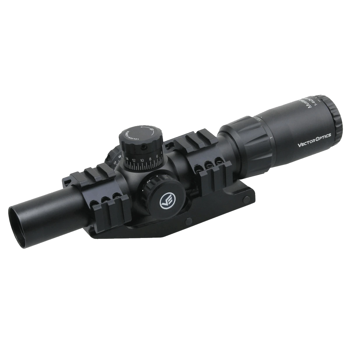 Mustang 1-4x24 FFP - Vector Optics Zielfernrohr mit 1-4x Vergrößerung und taktischen Einstelltürmen für präzises Schießen auf kurze Distanzen.