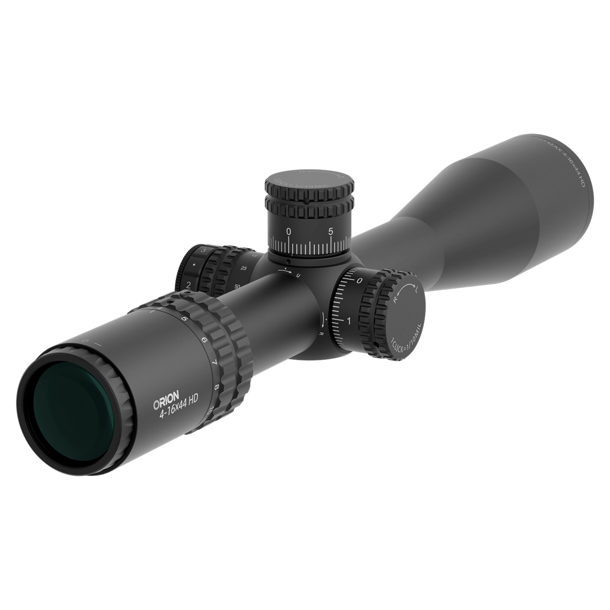 Rückseitige Perspektive des Orion Pro Max 4-16x44 Zielfernrohrs mit SFP-Design und ergonomischer Vergrößerungseinstellung für flexible Zielanpassung.