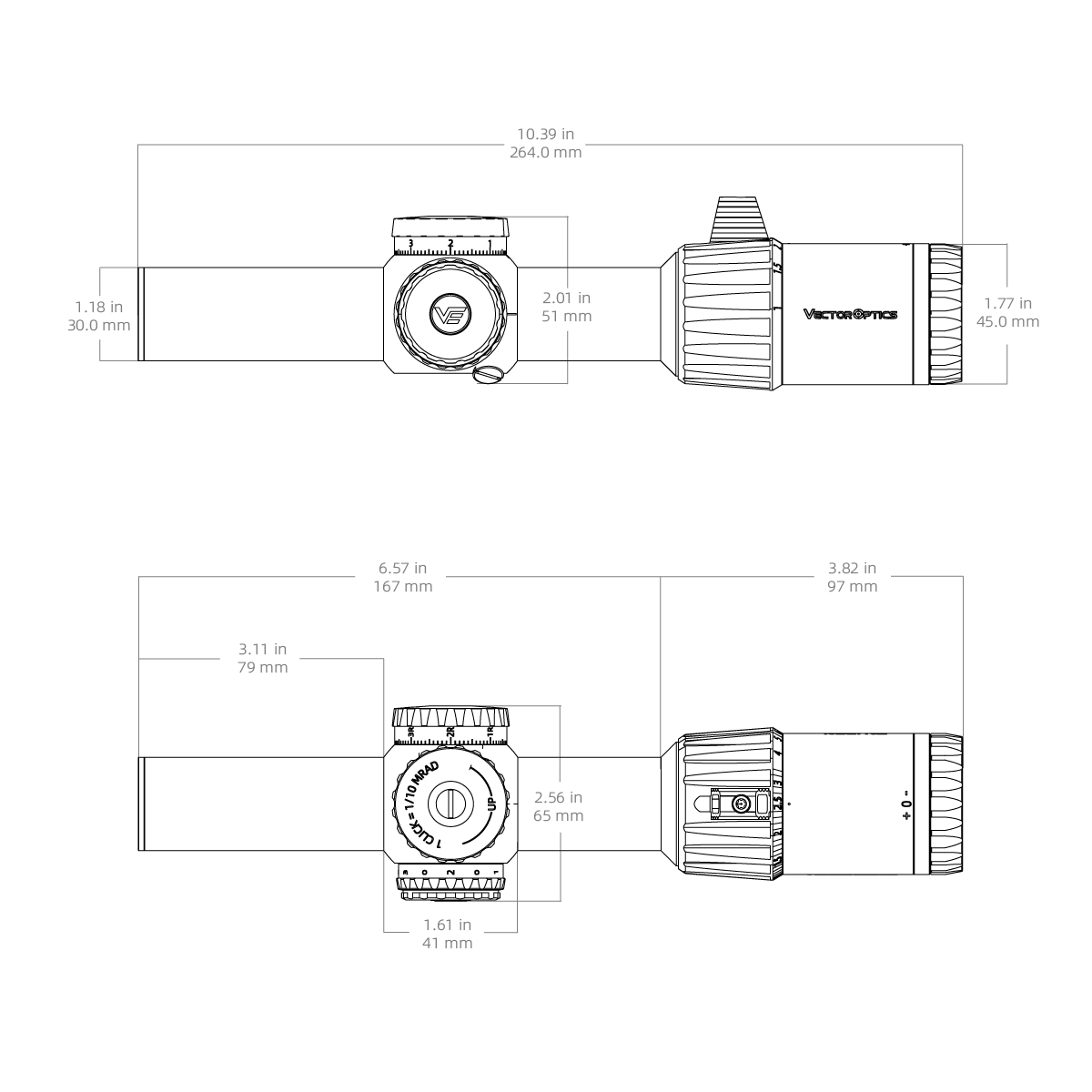 Technische Zeichnung des Vector Optics Tauron 1–6×24 SFP mit Maßangaben für Montage und Kompatibilität mit verschiedenen Montagesystemen.