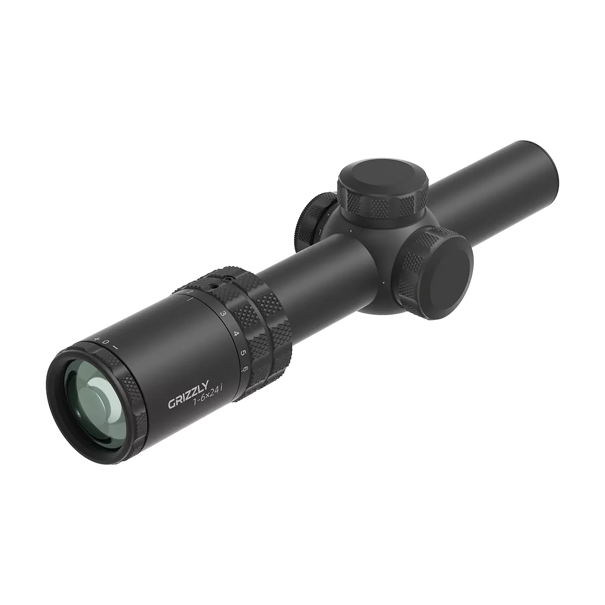 Grizzly Zielfernrohr 1–6×24i mit HD Fiber Optik, Rückansicht mit Vergrößerungsskala und rutschfestem Einstellring.