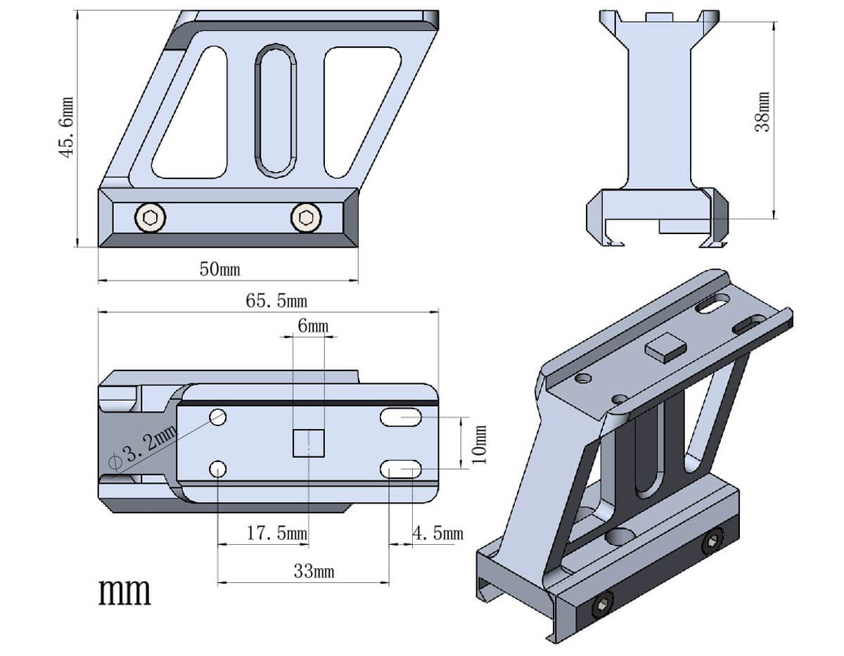 Technische Zeichnung der Picatinny RUM Montage mit 38mm Höhe, detaillierte Maße für präzise Waffenmontage.