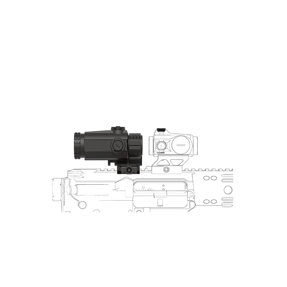 Seitenprofil des 3x Magnifier Maverick-III SCMF-31 mit robustem Aluminiumgehäuse. Präzise Optik für taktische Anwendungen.