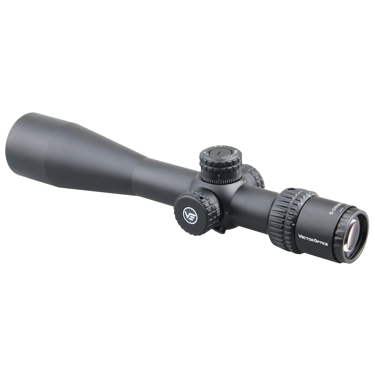 Seitliche Ansicht des Veyron 6-24x44 FFP Zielfernrohrs mit kompaktem Design und klarer Optik für präzise Zielerfassung auf weite Distanzen.