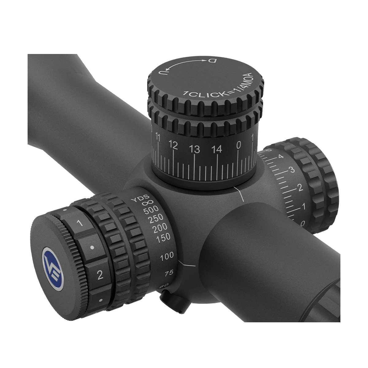 Nahaufnahme der Verstelltürme des Orion Pro Max 6-24X50 FFP Zielfernrohrs mit klarer Skala und griffiger Oberfläche für präzise Einstellungen.