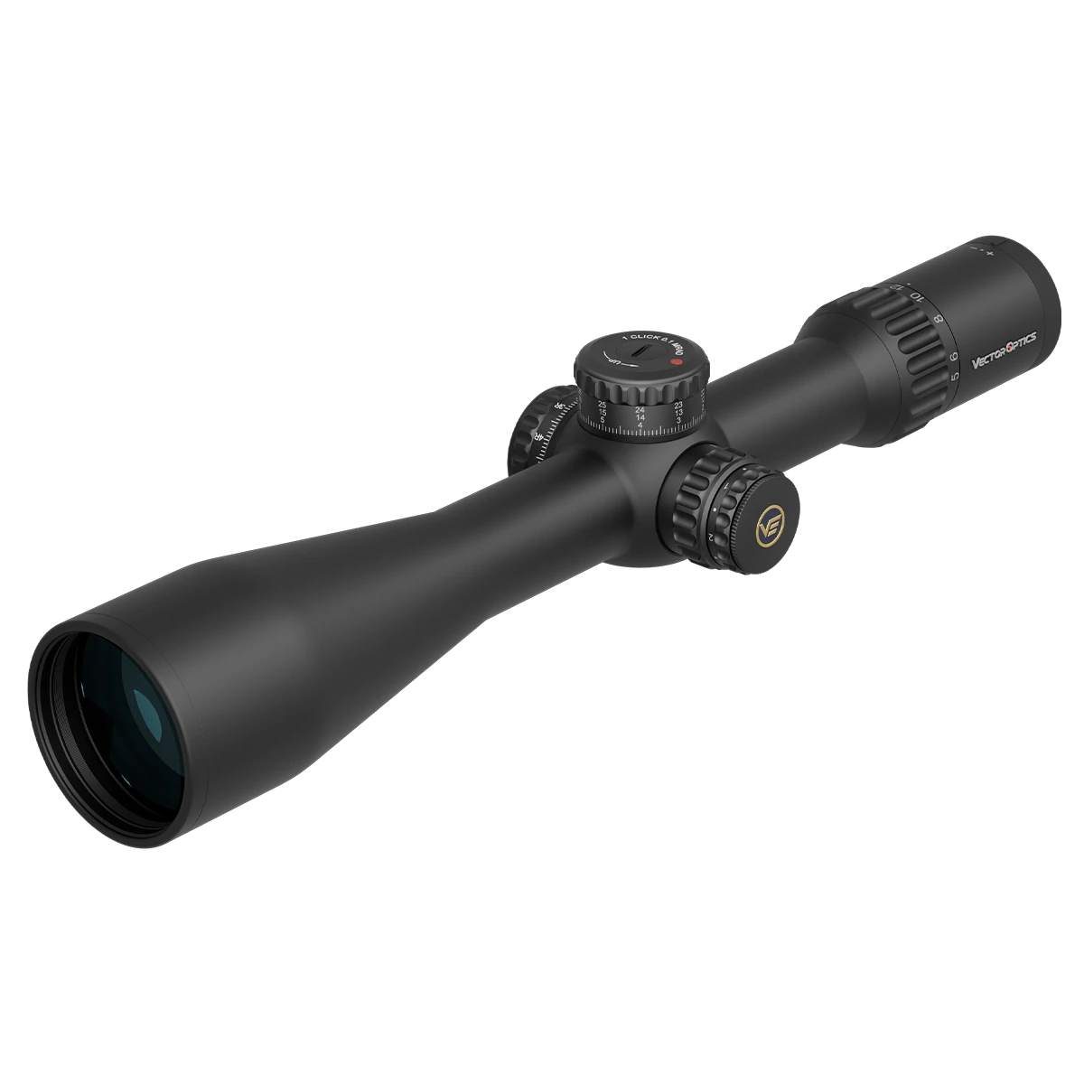 Seitliche Perspektive des Continental x6 5-30x56 FFP Zielfernrohrs mit großem Objektiv und fein einstellbaren Türmen für höchste Zielgenauigkeit.