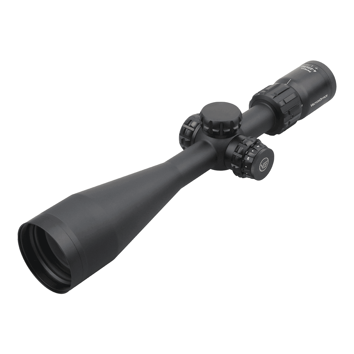 Seitliche Perspektive des Vector Optics Paragon 4-20x50 SFP Zielfernrohrs mit großem Objektiv und taktischen Verstelltürmen für Jagd und Sport.