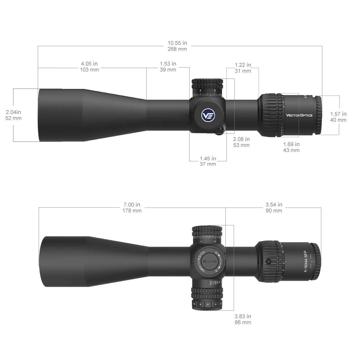 Technische Zeichnung des Veyron 4-16x44IR SCOL-48 mit präzisen Abmessungen für Montage und Kompatibilität.