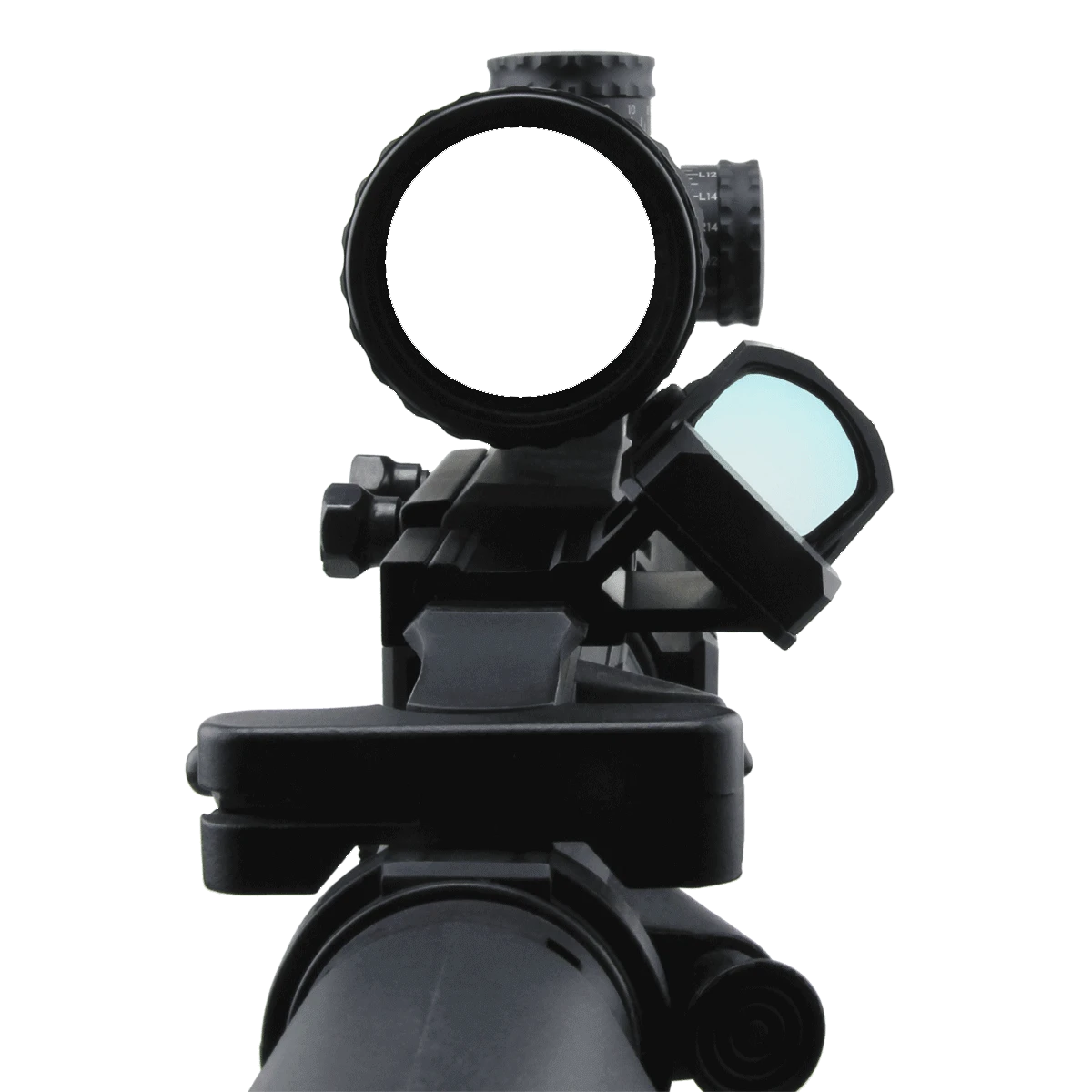 Frontansicht der Montage 45° MGT (RMSc) mit Red Dot auf Picatinny-Schiene. Perfekte Backup-Sichtung für präzise Zielverfolgung.