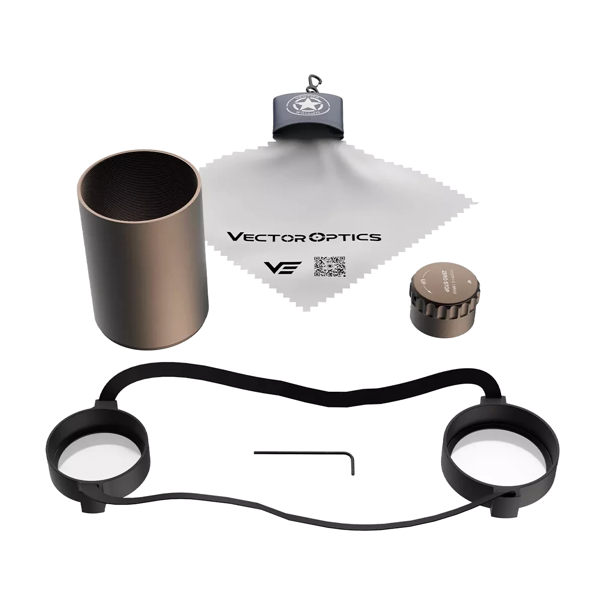 Zubehörset für das Continental x6 4-24x50 Tactical SFP Zielfernrohr inklusive Sonnenblende, Reinigungstuch und Schutzkappen.