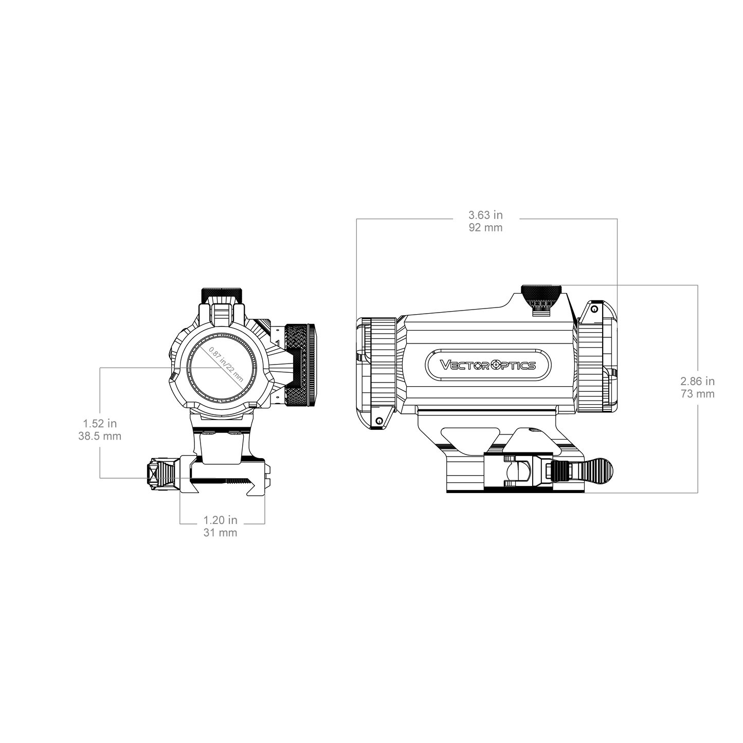 Technische Zeichnung des Maverick-II 1x25 Rotpunktvisiers mit Maßangaben für präzise Montage und Kompatibilität.