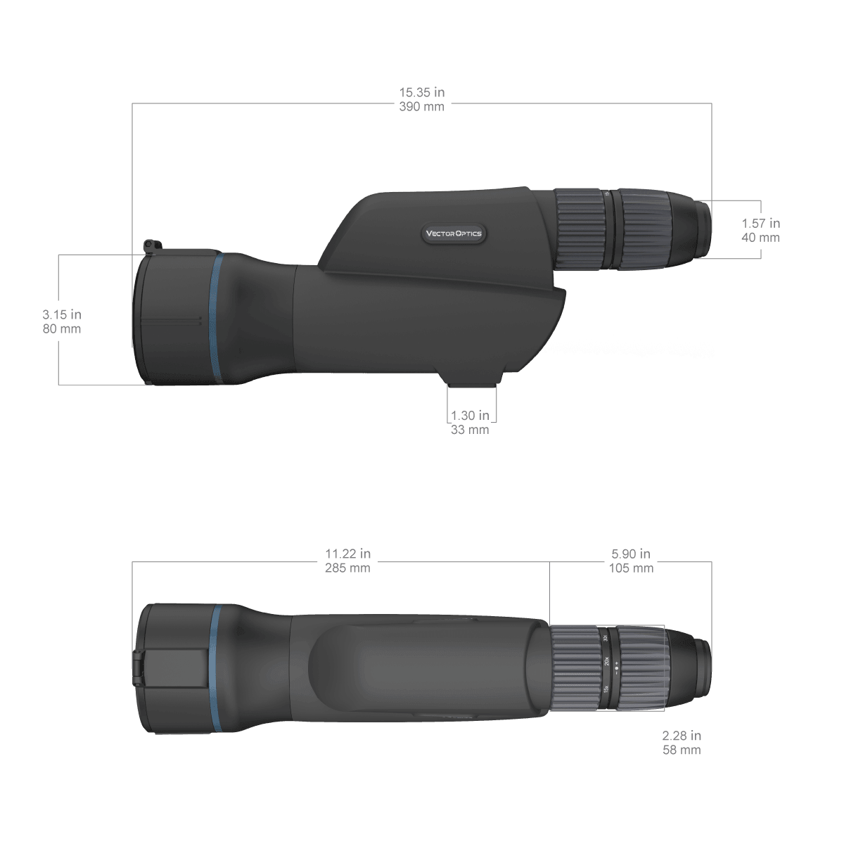 Technische Zeichnung des Continental 20-60x80ED - Fernrohr mit Maßangaben für Länge, Breite und Objektivdurchmesser. Ideal für Produktauswahl.