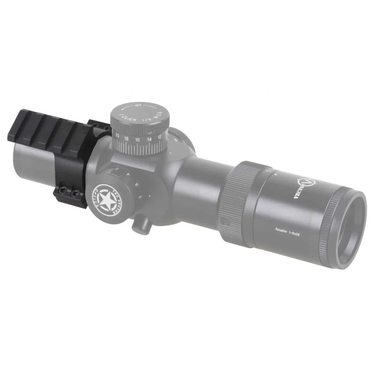 34mm Scope Mount Ring SCTM-28 auf Zielfernrohr montiert, zeigt stabile Aluminiumkonstruktion mit Picatinny-Schiene für Zubehörmontage.