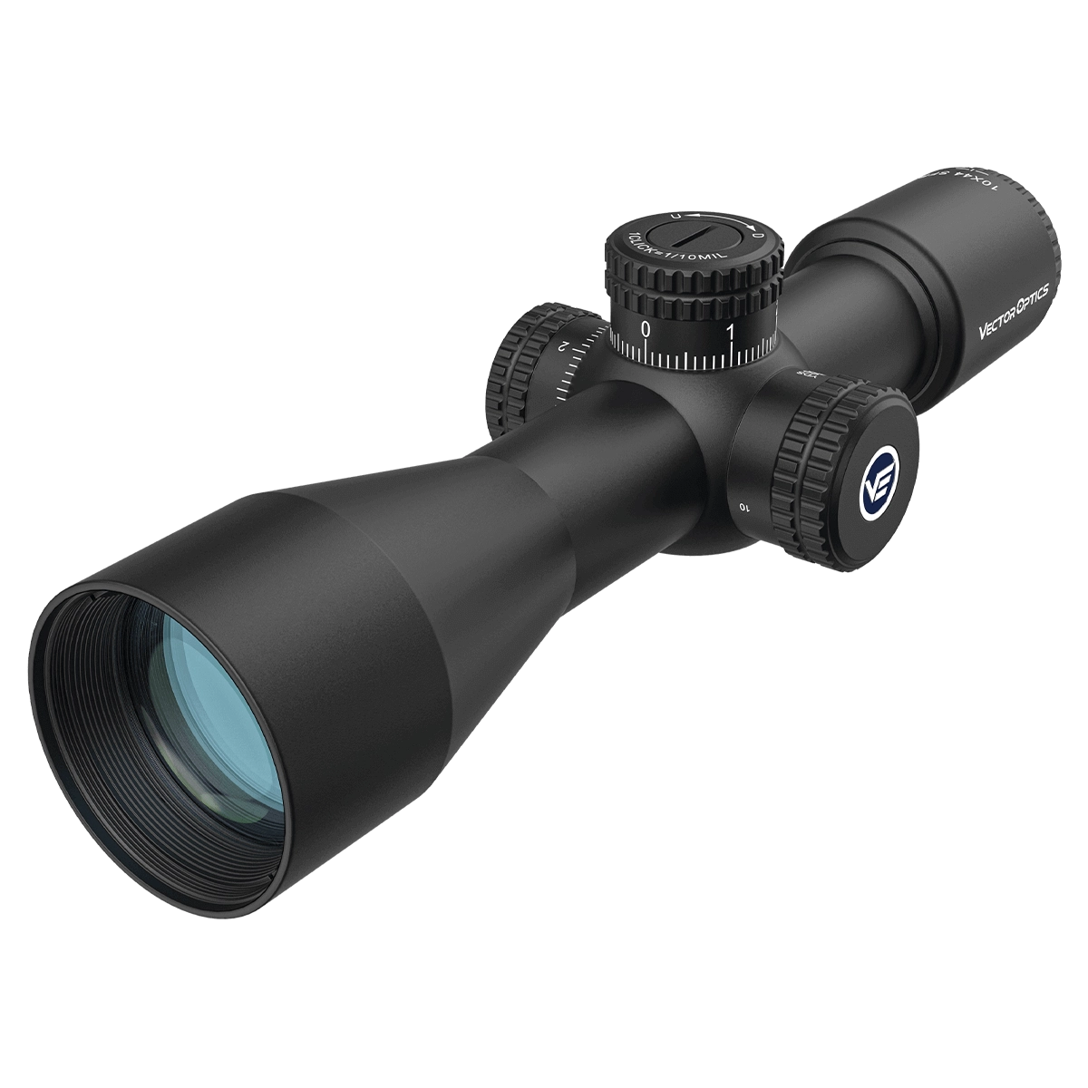 Seitliche Perspektive des Veyron 10×44 SFP Zielfernrohrs mit grün beschichteter Optik und taktischen Verstelltürmen.