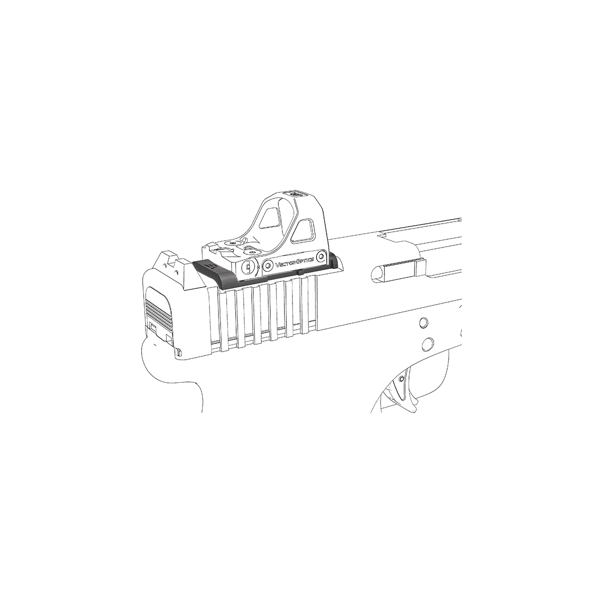 Illustration zeigt RMS Footprint Adapter SCFRM-16 montiert auf Glock MOS mit Red Dot Sight, ideal für taktische Anwendungen.