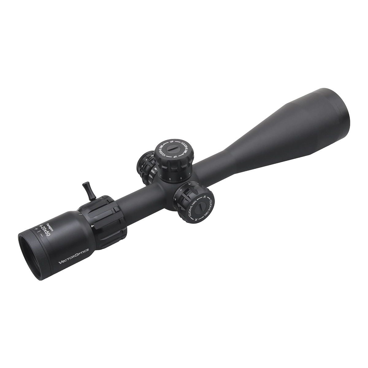 Paragon 4-20x50 SFP Vector Optics Zielfernrohr mit verstellbaren Türmen und MIL-Absehen für taktische Präzision bei Langstreckenschüssen.