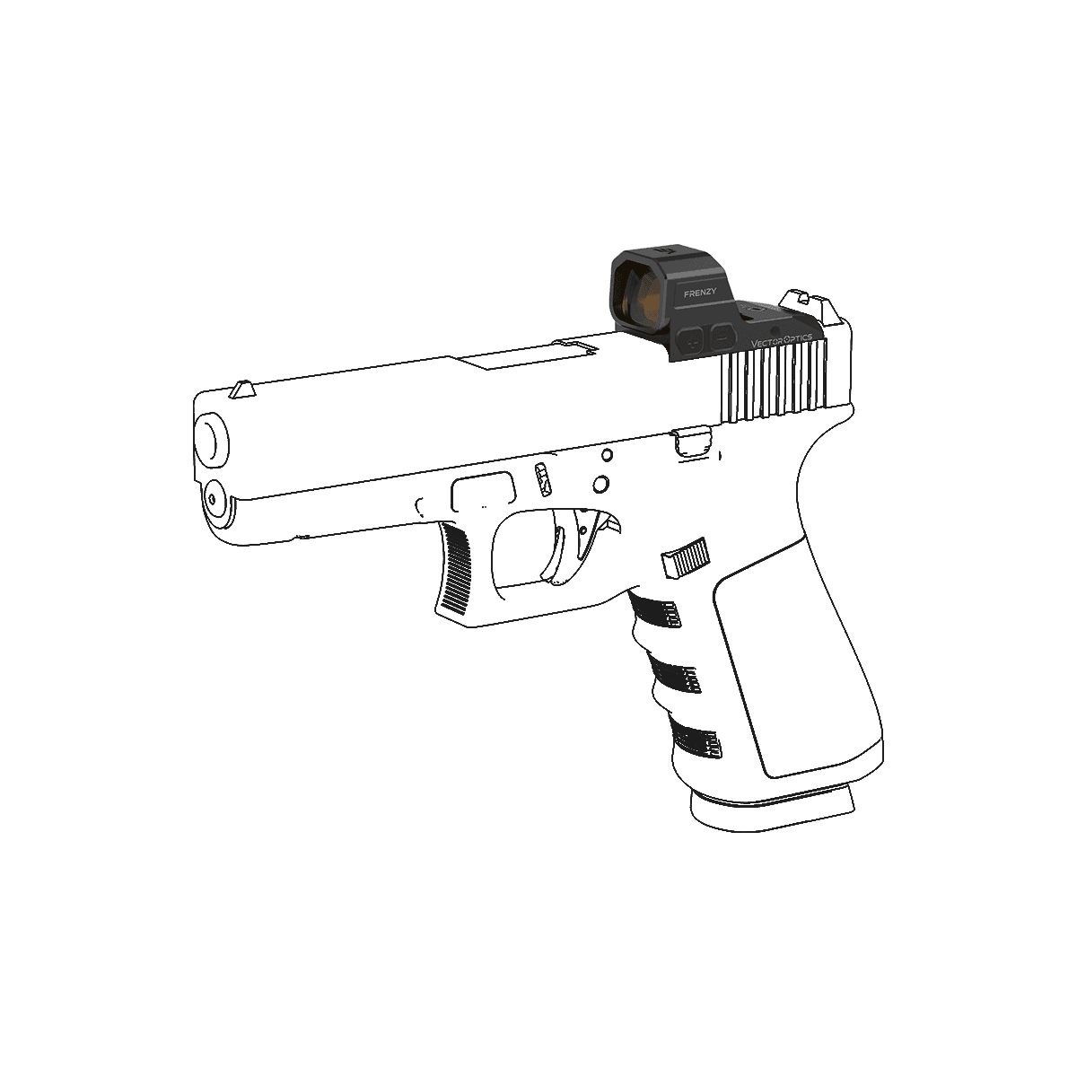 Illustration zeigt Frenzy Red Dot Sight montiert auf Glock MOS Pistole, ideal für präzises Schießen im taktischen Einsatz.