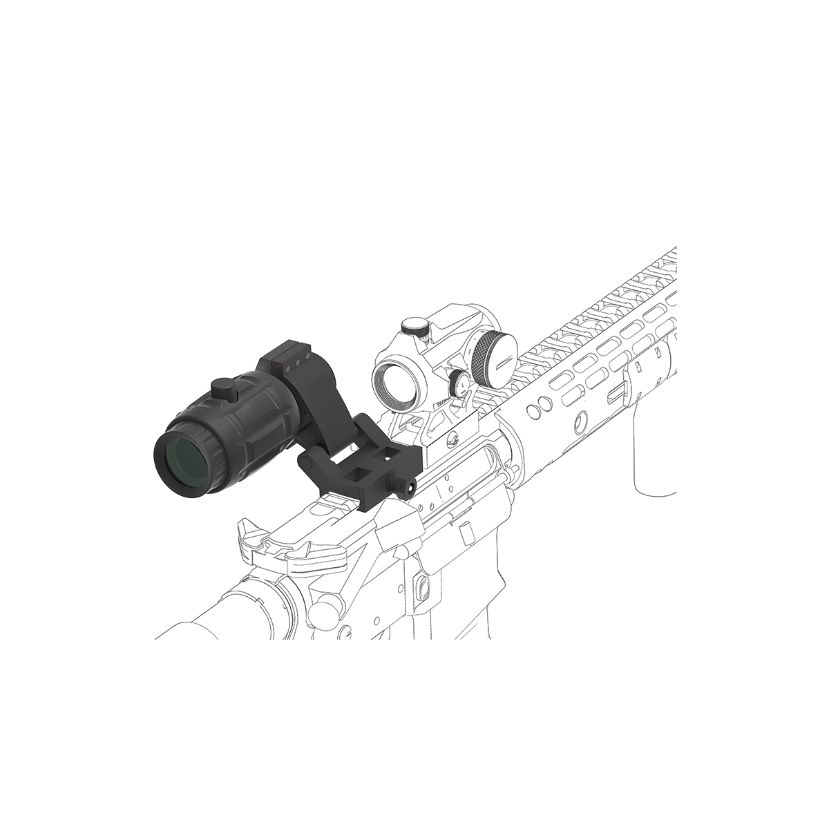 3x Magnifier Maverick SCMF-11 in hochgeklappter Position auf Picatinny-Schiene. Schneller Wechsel zwischen Nah- und Fernsicht.