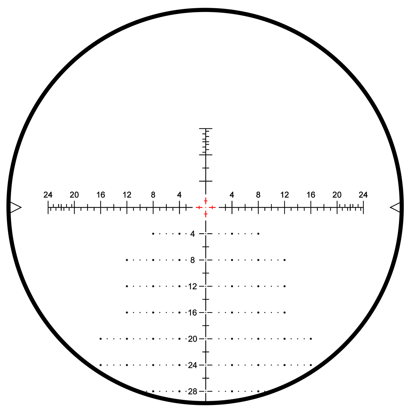 VTA-4 MOA-Absehen des Tauron 6-24x50 HD Zielfernrohrs mit roter Beleuchtung für präzise Zielerfassung bei allen Lichtverhältnissen.