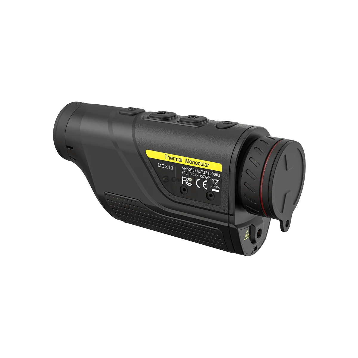 Rückansicht der Wärmebildkamera OwlSet MXC10 mit Modellkennzeichnung und CE-Zertifizierung, kompakt und robust für den Outdoor-Einsatz.