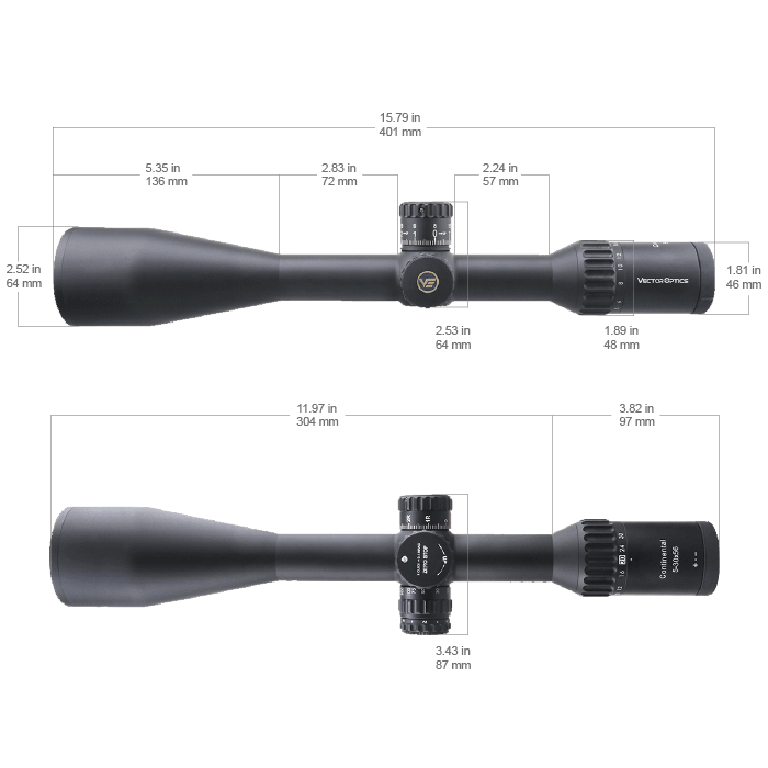 Technische Zeichnung des Cont. x6 5-30x56 SFP Zielfernrohrs mit Maßangaben zur genauen Passform und Montage auf Waffen.