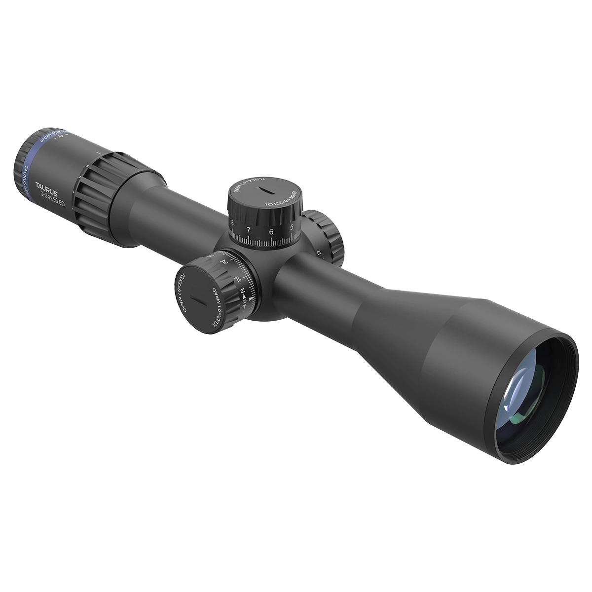 Seitliche Ansicht des Tauron GenII 3-24x56 ED FFP Zielfernrohrs mit VTA-5 MIL-Absehen. Hochwertige Optik für anspruchsvolle Schützen.