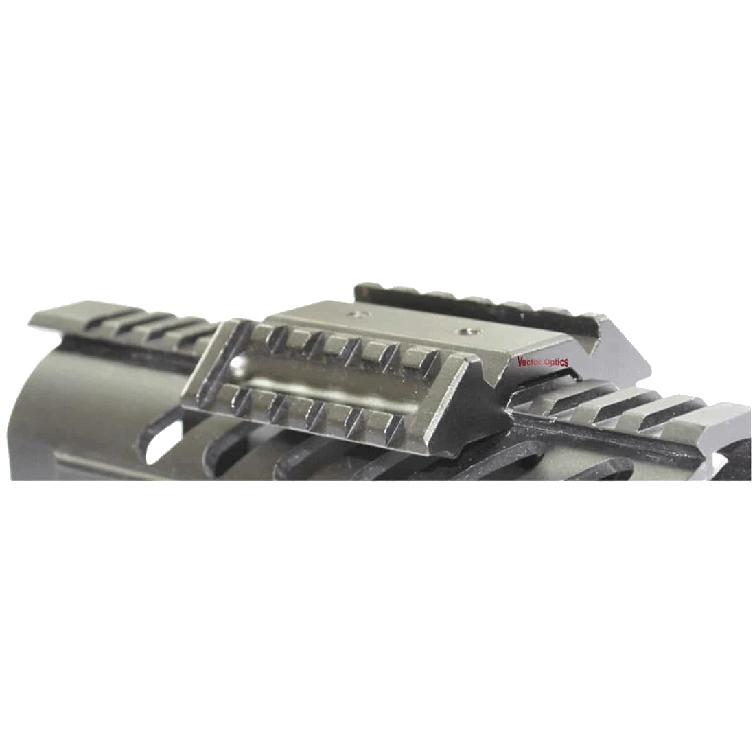 Vector Optics 45° Doppel Picatinny Montage auf Waffe montiert, ermöglicht gleichzeitige Befestigung von zwei taktischen Zubehörteilen.