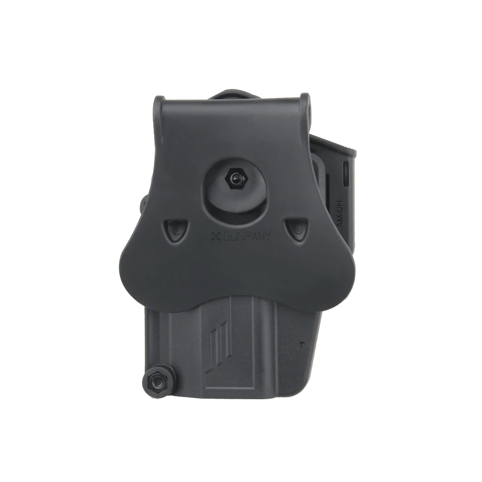 Rückansicht des Universalholsters GPHR-01 mit Gürtelclip und stabiler Polymerkonstruktion, geeignet für taktische Anwendungen.