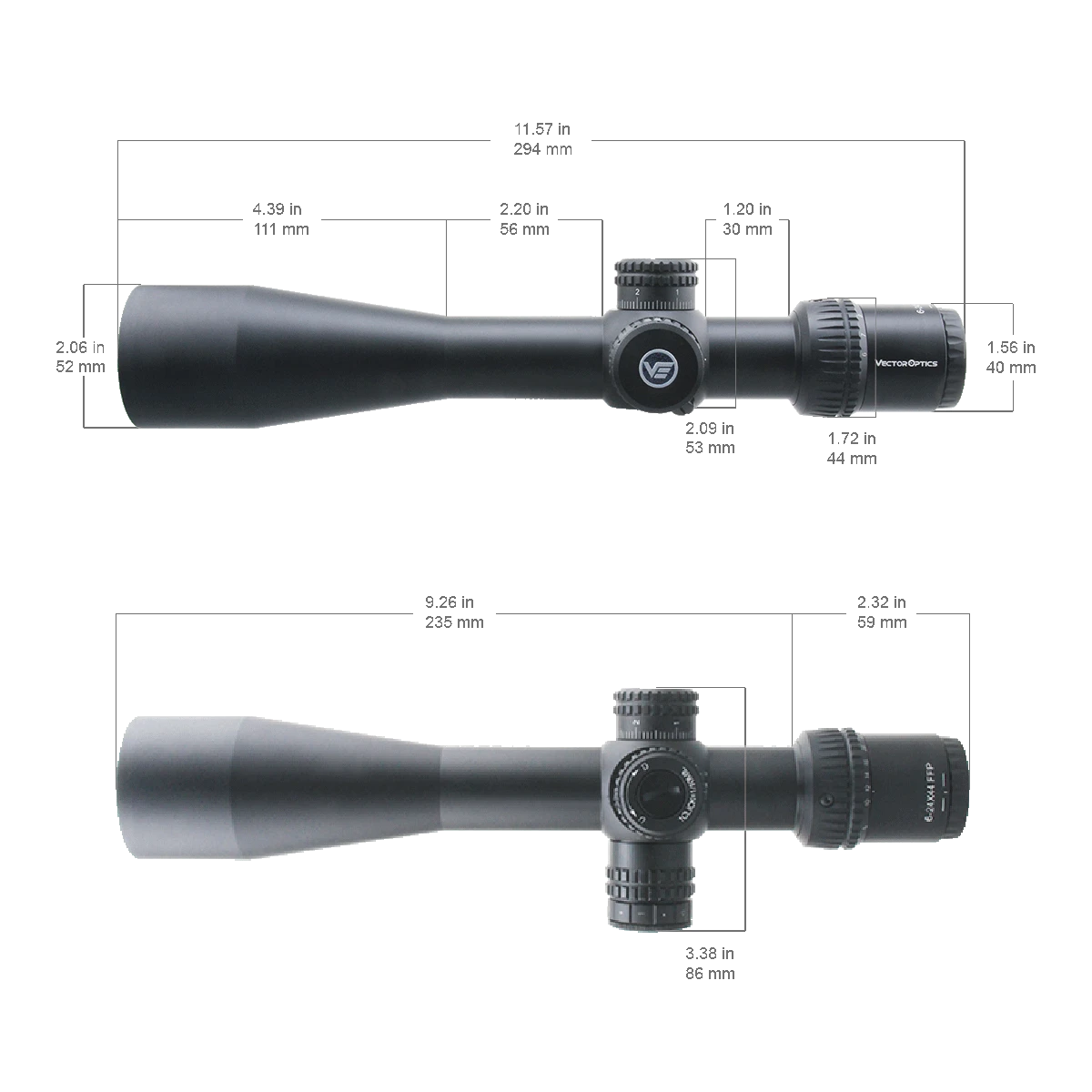 Technische Zeichnung des Veyron 6-24x44 IR Zielfernrohrs mit Maßangaben zur optimalen Montage auf Waffenplattformen.