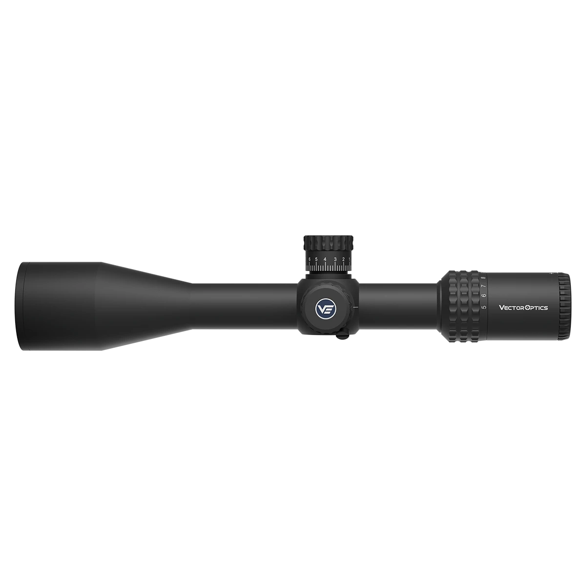 Seitliche Ansicht des Sentinel 5-25x50 HD FFP Zielfernrohrs von Vector Optics mit VSE-5 MOA Absehen für präzises Langstreckenschießen.
