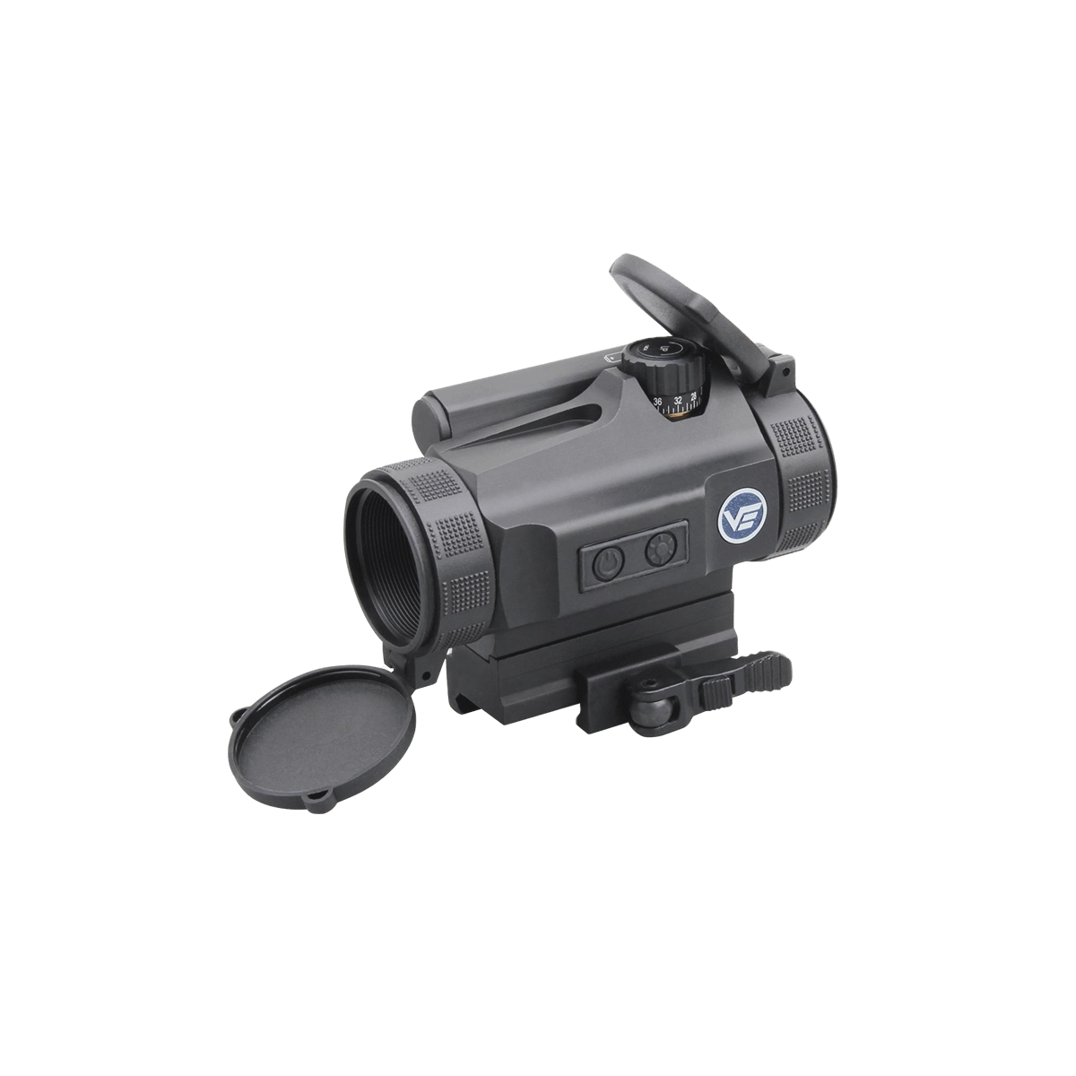 Nautilus 1x30 Red Dot Visier mit geöffnetem Objektivdeckel und Schnellverschluss, stoßfest und wetterbeständig für taktische Einsätze.
