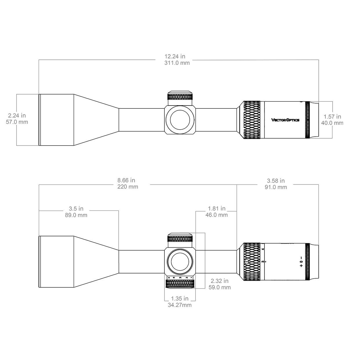 Technische Zeichnung des Matiz 3-9x50 Fiber SFP Zielfernrohrs mit Maßangaben für Montage und Kompatibilität mit Waffen.