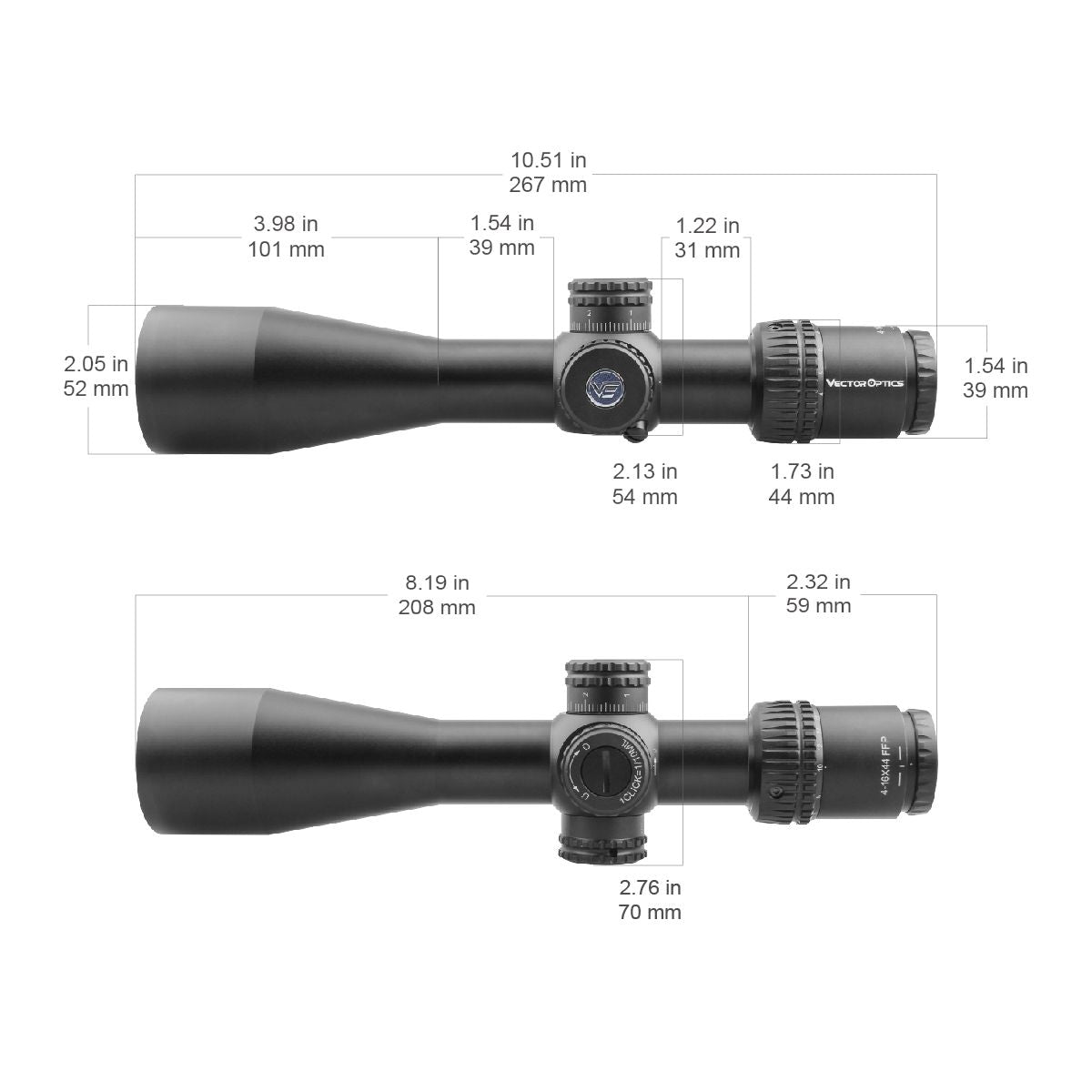 Technische Zeichnung des Veyron 4-16x44 FFP Zielfernrohrs mit Maßangaben für präzise Montage auf Jagd- und Sportwaffen.