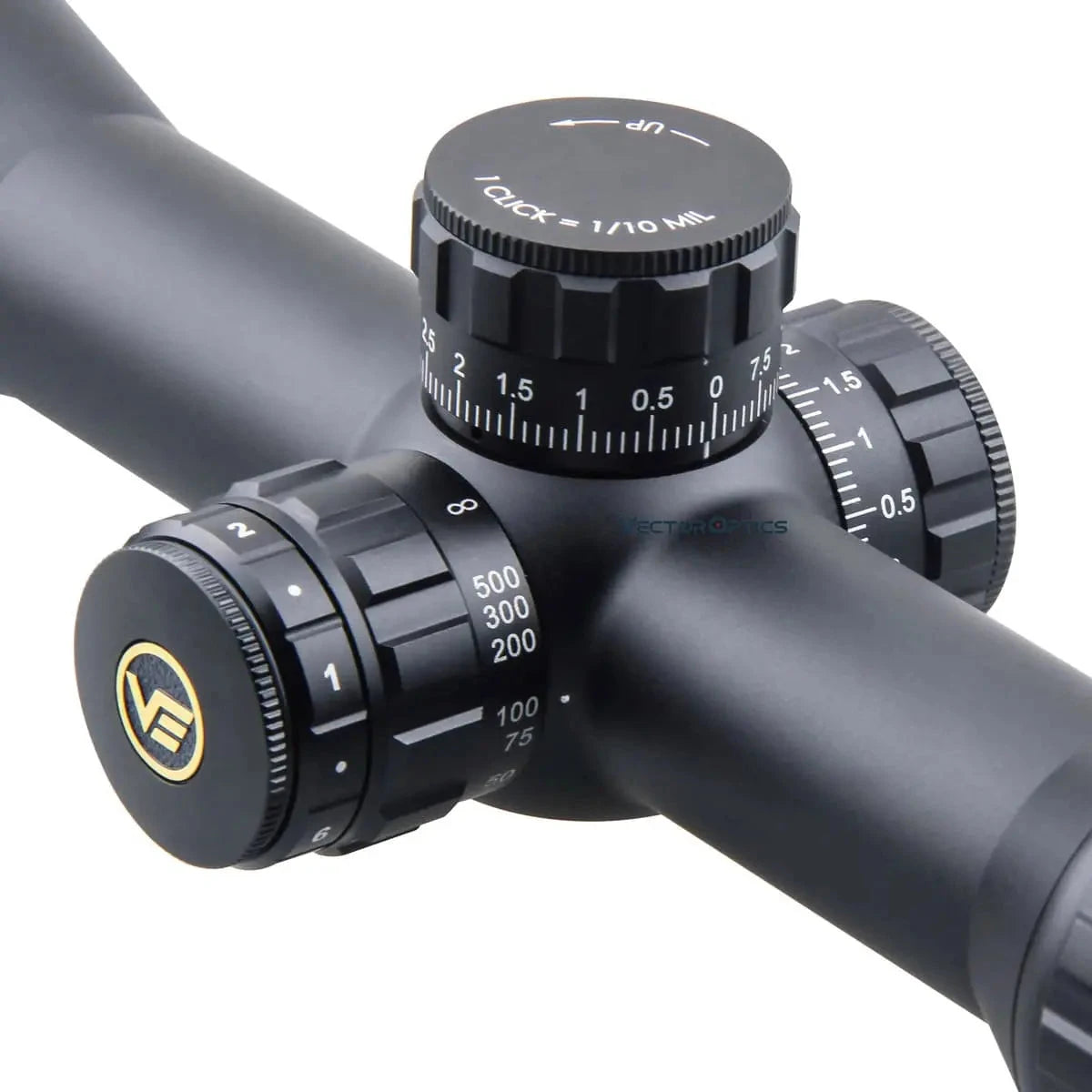 Detailansicht der Verstelltürme des Paragon 5-25x56 GenII SFP Zielfernrohrs mit präziser 1/10 MIL-Klickverstellung für taktische Anwendungen.