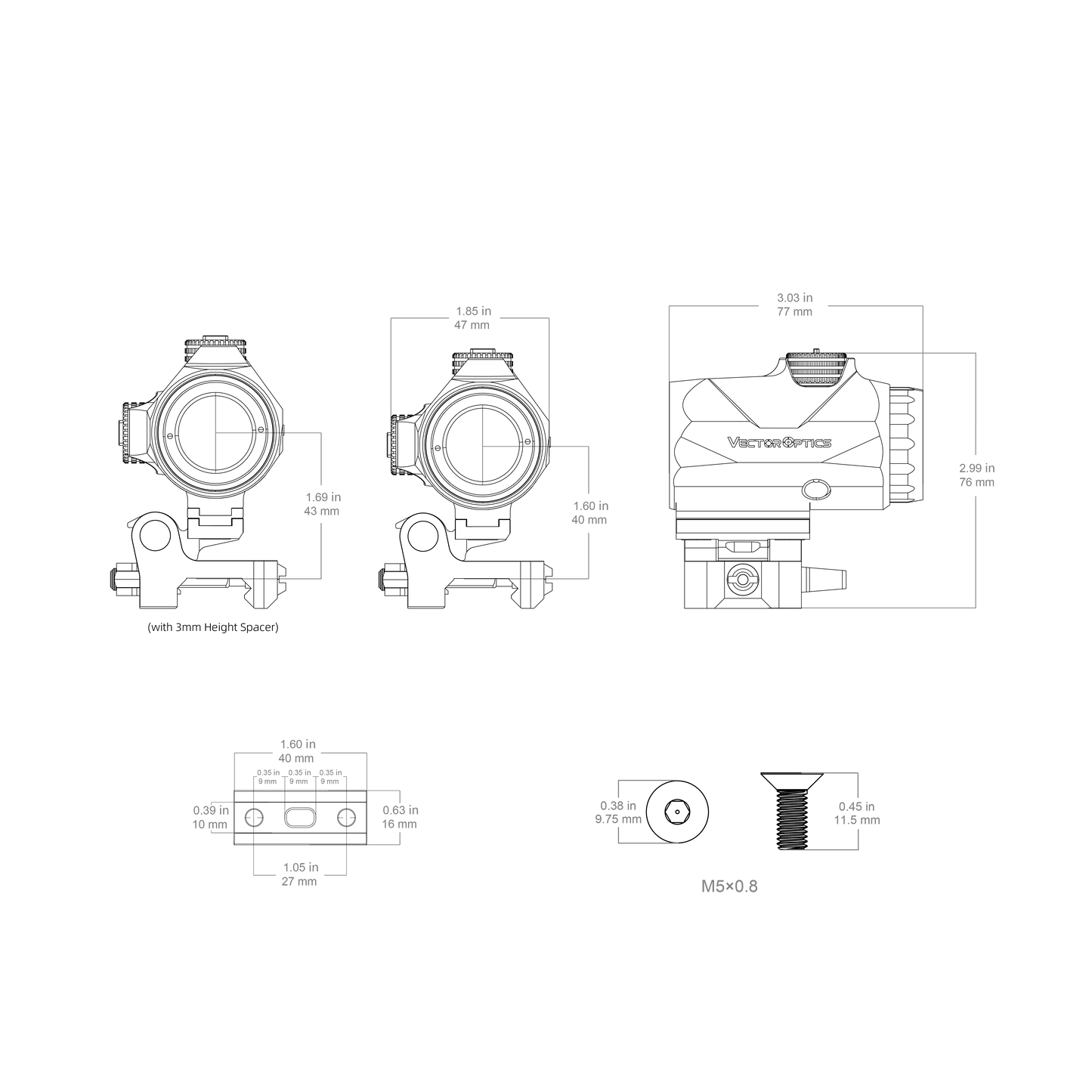 Technische Zeichnung des Maverick-IV 3x22 Magnifier mit detaillierten Abmessungen für präzise Montageplanung.