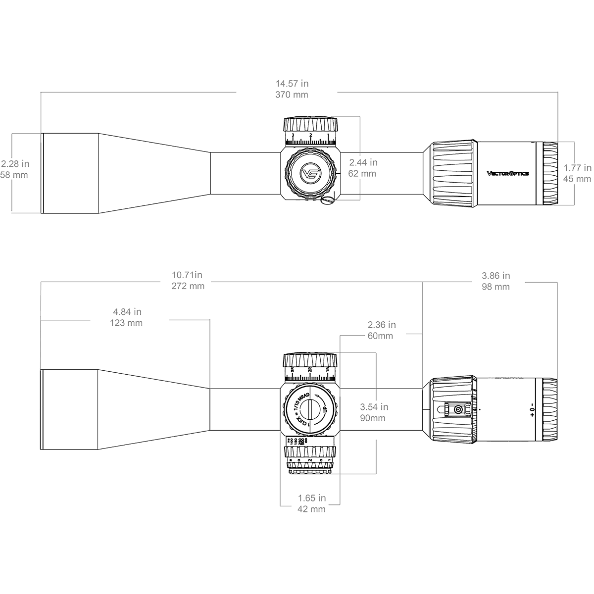 Technische Zeichnung des Tauron 4-24x50 FFP Zielfernrohrs mit genauen Abmessungen für Montage und Kompatibilität mit Montagesystemen.
