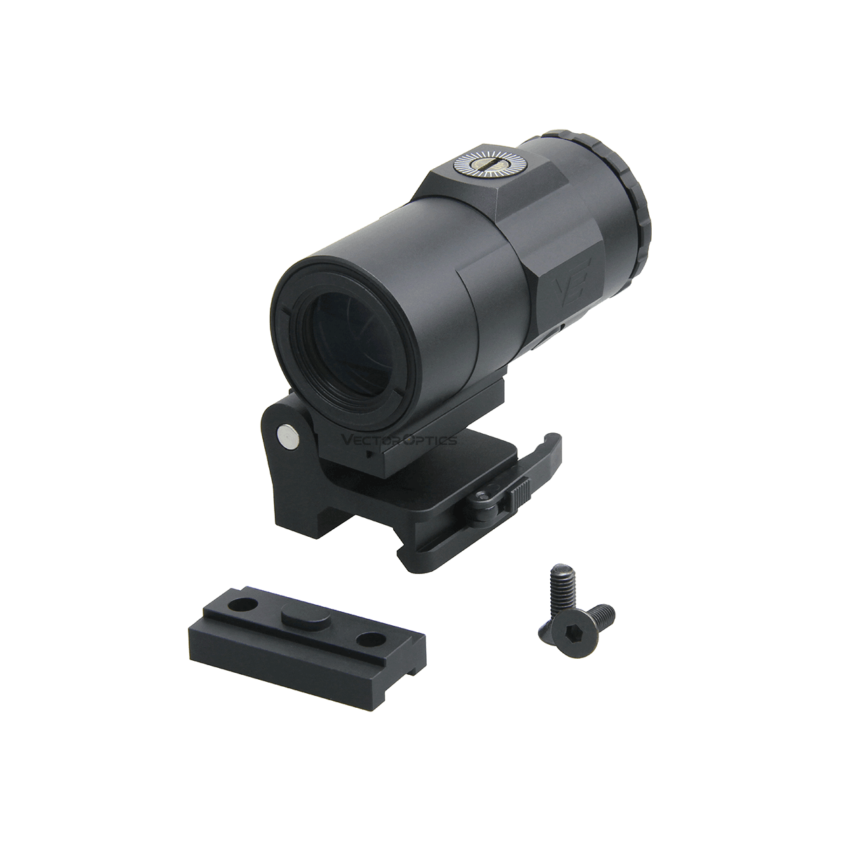 3x Magnifier Maverick-IV mit Zubehör wie Montageschiene und Schraube, ideal für Reflexvisiere und taktische Optik-Upgrades.