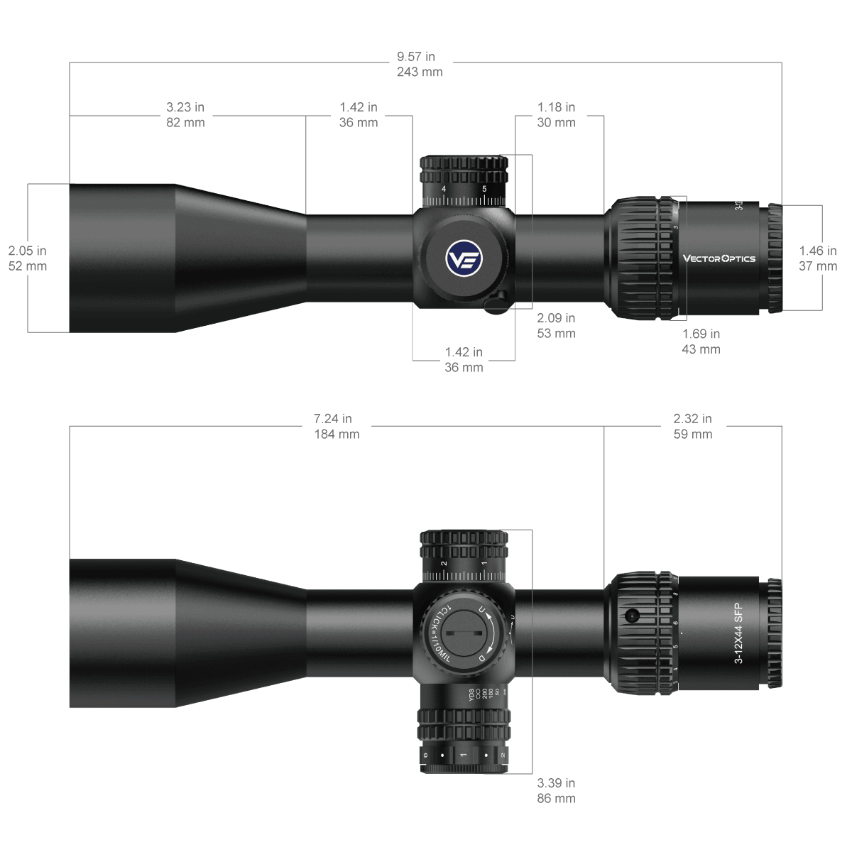 Veyron 3–12×44 IR Zielfernrohr – technische Zeichnung mit genauen Abmessungen und kompaktem Aufbau für vielseitige Montagemöglichkeiten.