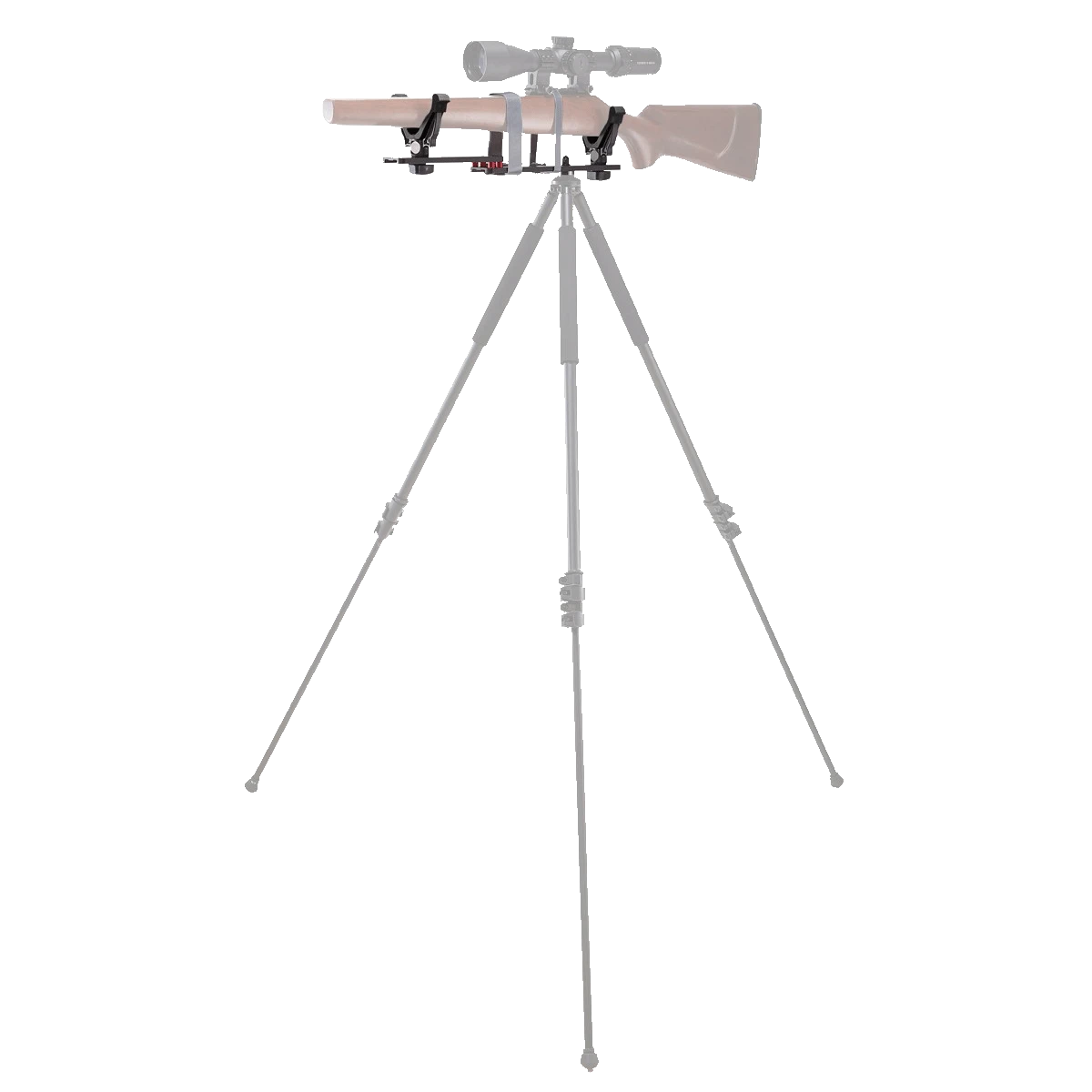 Montierte Auflage für Tri-Bipods mit Gewehr auf Dreibein-Stativ, ideal für präzise Zielerfassung bei der Jagd oder auf dem Schießstand.