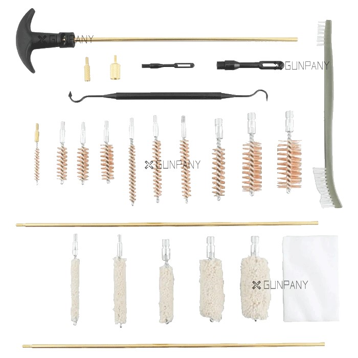 Einzelteile des Universal Reinigungskoffers - Gewehrreinigung Set 24-teilig mit Reinigungsstäben, Bürsten, Mops und Zubehör für Waffenpflege.